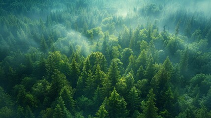 Wall Mural - lush evergreen forest covered in mist during early morning hours in tranquil wilderness. generative 