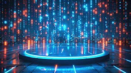 Wall Mural - 3D rendering of empty podium with blue light in a digital city background. Big data technology and artificial intelligence concept, large round stage with binary code. Generative AI.