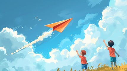 Paper plane soaring high. Two children watch as their toy aircraft ascends into a vibrant blue sky dotted with fluffy clouds, evoking feelings of joy, aspirations, and summer adventures.