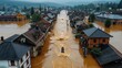 © visoot - Floods raged, streets and houses were submerged, water was rushing, the flooded streets, nobody. Aerial high view. Generative AI.