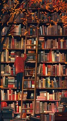 Wall Mural - Illustrations of a Person Climbing a Ladder in a Cozy Library. Book background flat cartoon style. AI generated image