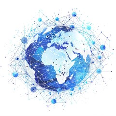 Poster - low polygonal world map with abstract digital communications. dots and lines world wide web structur