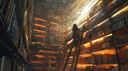 Wall Mural - Illustrations of a Person Climbing a Ladder in a Cozy Library. Book background flat cartoon style. AI generated image