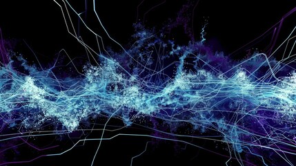 Poster - Imitation of a wave on dark background. Particle Networks. Big data. An abstract bright shine in black space. A 3D rendering of the scene.