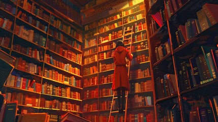 Wall Mural - Illustrations of a Person Climbing a Ladder in a Cozy Library. Book background flat cartoon style. AI generated image