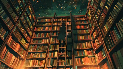 Wall Mural - Illustrations of a Person Climbing a Ladder in a Cozy Library. Book background flat cartoon style. AI generated image