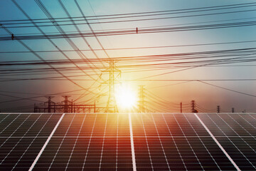 Wall Mural - solar panel farm with a sun in the sky