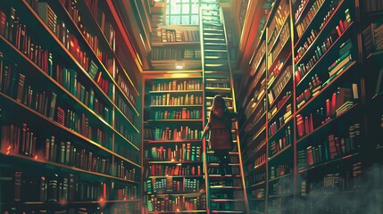 Wall Mural - Illustrations of a Person Climbing a Ladder in a Cozy Library. Book background flat cartoon style. AI generated image