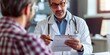 © Larisa - Doctor consulting patient, clipboard in hand, healthcare setting