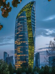 Poster - A green leaf-shaped skyscraper, Exterior view at eye-level angle with a blue sky at dusk and warm lighting. Generative AI.