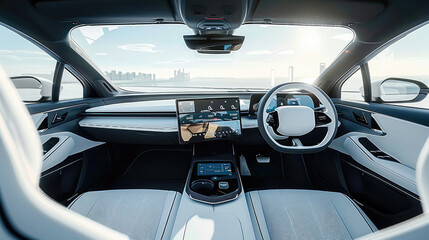 Poster - The front seat of the electric car has a large screen that displays data about the car, and the interior is upholstered in white leather and black parts. A light blue sky outside the window.