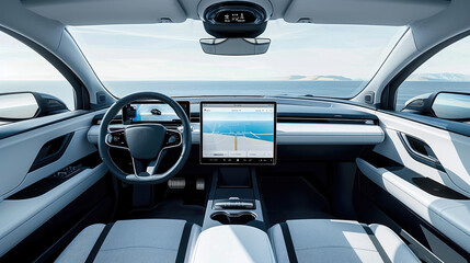 Poster - The front seat of the electric car has a large screen that displays data about the car, and the interior is upholstered in white leather and black parts. A light blue sky outside the window.