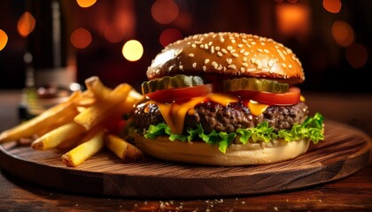 Wall Mural -  A realistic image of a cheeseburger with a sesame seed bun