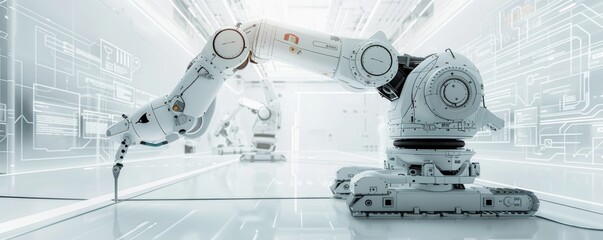 Poster - high-tech robotic arm in futuristic laboratory, automated machinery in clean white environment