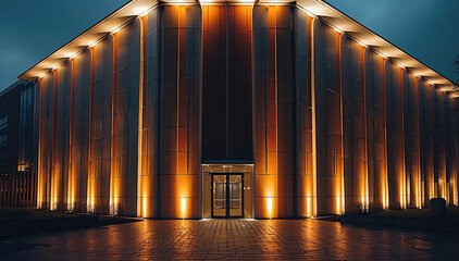 Aufkleber - Facade of a building lit from below along the walls with large white wall washers. Generative AI.