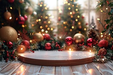 Aufkleber - A space elegantly empty, ready to showcase a product with a Christmas theme. The base is adorned with pine leaves, small red and gold Christmas balls. Generative AI.