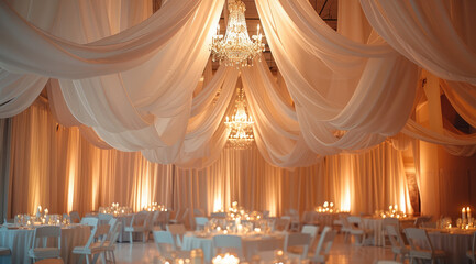 Wall Mural - The wedding hall decorated with white fabric drapes hanging from the ceiling, candlelight illuminating tables set for guests. creating an atmosphere perfect for a grandiose reception. Generative AI.