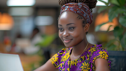 Poster - Young African woman working on her gray laptop in office. Generative AI.