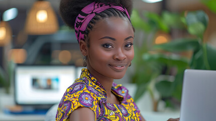 Poster - Young African woman working on her gray laptop in office. Generative AI.