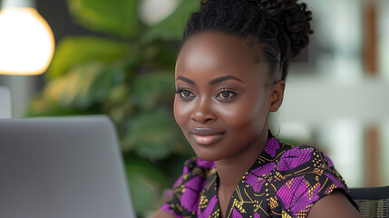 Canvas Print - Young African woman working on her gray laptop in office. Generative AI.