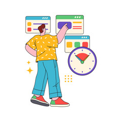 Poster - Employee using organizer and planners at work for efficient and productive workflow. Vector flat cartoon character with calendar, timer or clock for setting and meeting deadline