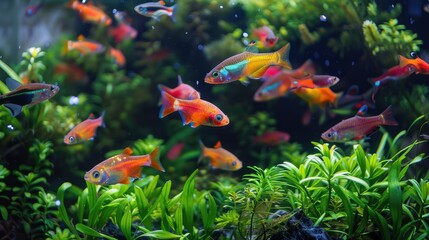 An aquarium scene with colorful fish swimming amidst aquatic plants.