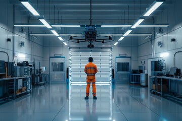 Poster - Engineer operating a large drone in a high-tech modern laboratory with advanced equipment