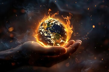 Wall Mural - Earth on Fire in a Hand. Climate change and global warming theme background. AI generated image