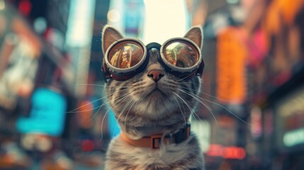 A cool cat wearing stylish goggles, standing confidently in the middle of a bustling cityscape.