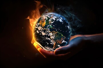 Wall Mural - Earth on Fire in a Hand. Climate change and global warming theme background. AI generated image