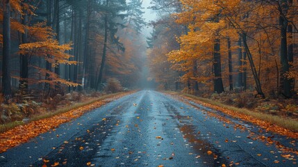 Wall Mural - serene autumn road surrounded by foggy forests and vibrant orange leaves. generative ai