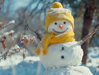 A winter scene featuring a happy snowman dressed in bright yellow, perfect for cold weather or holiday themes