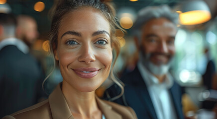 Poster - A group of business professionals, all smiling and elegantly dressed, in a modern office setting. The worker are dressed in sharp business attire, exuding confidence and sophistication. Generative AI.