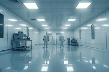 Poster - Scientists in protective suits working in a high-tech cleanroom laboratory environment