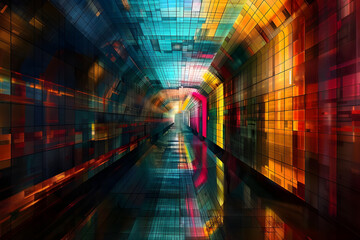 Poster - A vibrant tunnel with geometric patterns and colorful reflections, featuring a dynamic interplay of light and shadow.