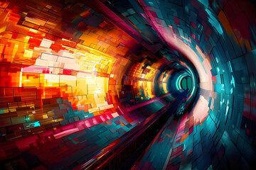 Poster - A dynamic abstract tunnel featuring vibrant geometric patterns and vivid colors, creating a visually captivating and energetic scene.