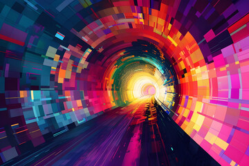 Poster - A vibrant digital tunnel filled with dynamic geometric patterns and bright colors, creating a futuristic and energetic visual experience.