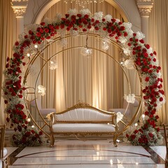 Wall Mural - A beautiful circular arch with red roses and white flowers, surrounded by lights on the sides of an elegant bench decorated in gold stands at the front for photo poses. Generative AI.