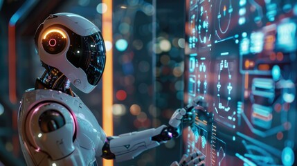 Robot working with digital display future touch screen , Generative AI