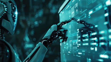 Robot working with digital display future touch screen , Generative AI