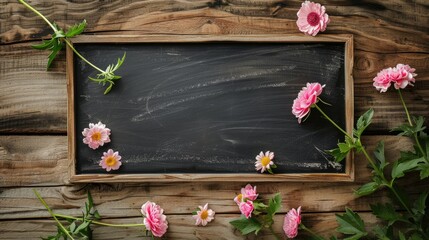 Wall Mural - Chalkboard mockup with flowers on wooden background