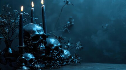 A cluster of black skulls and burning candles in a dark, atmospheric setting.  A perfect backdrop for spooky or macabre themes.