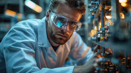 Aufkleber - An engineer working in a White uniform and safety glasses is check electronic device chips in front of laboratory equipment and modern engineering machinery, laboratory background. Generative AI.