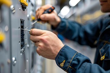 technician meticulously repairing socket with screwdriver up close