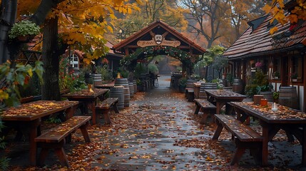 Wall Mural - a path with benches and tables in front of a building.