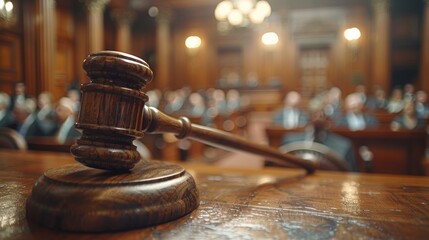 Wooden gavel lying on table with blurred politicians debating on background in courtroom or government building