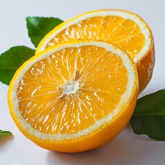 Poster - Close Up of Freshly Cut Orange Slices With Green Leaves on White Background