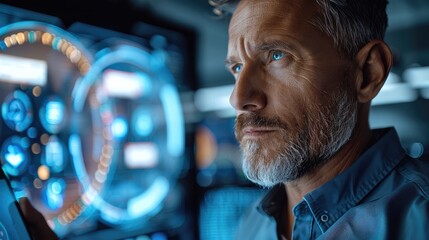Leinwandbilder - Business man holding tablet looking at the circle 3d holograms in front of him while holding the tablet, data lifecycle, data cycle, hologram data , Office on background. Generative AI.