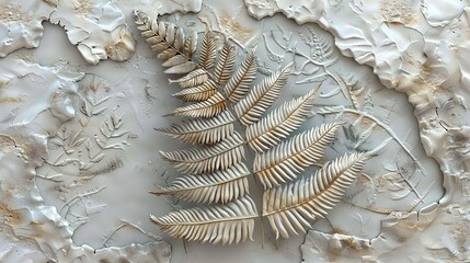 Wall Mural -   Metal Fern Close-up on White-Gold Background with Flowers and Leaves to Left