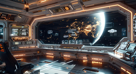 Poster - A space station command center with a panoramic view of the cosmos, featuring holographic charts, mission status updates. Generative AI.